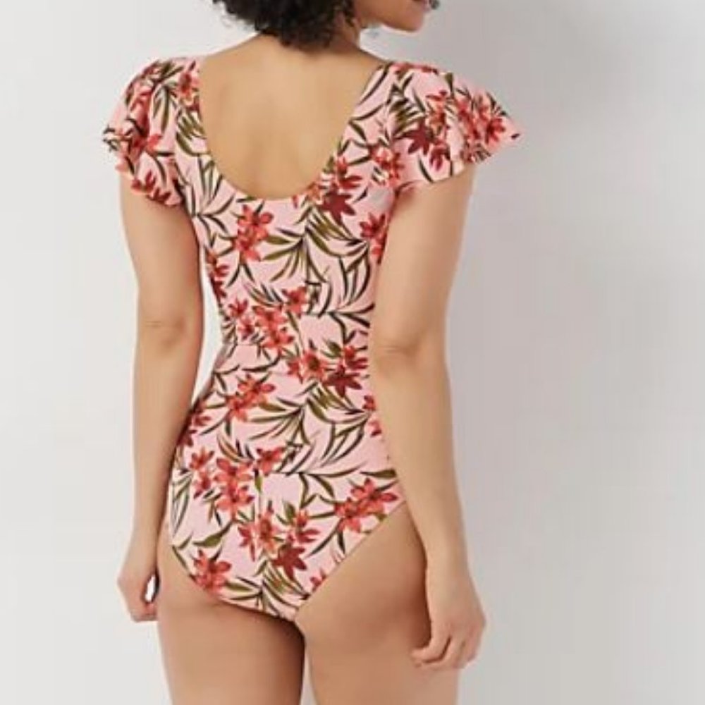 Denim & Co Draped Ruffle Sleeve One-Piece Swimsuit - Picture 2 of 2